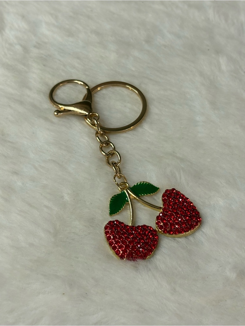 Gold Cherry Crystal Keychain - Red